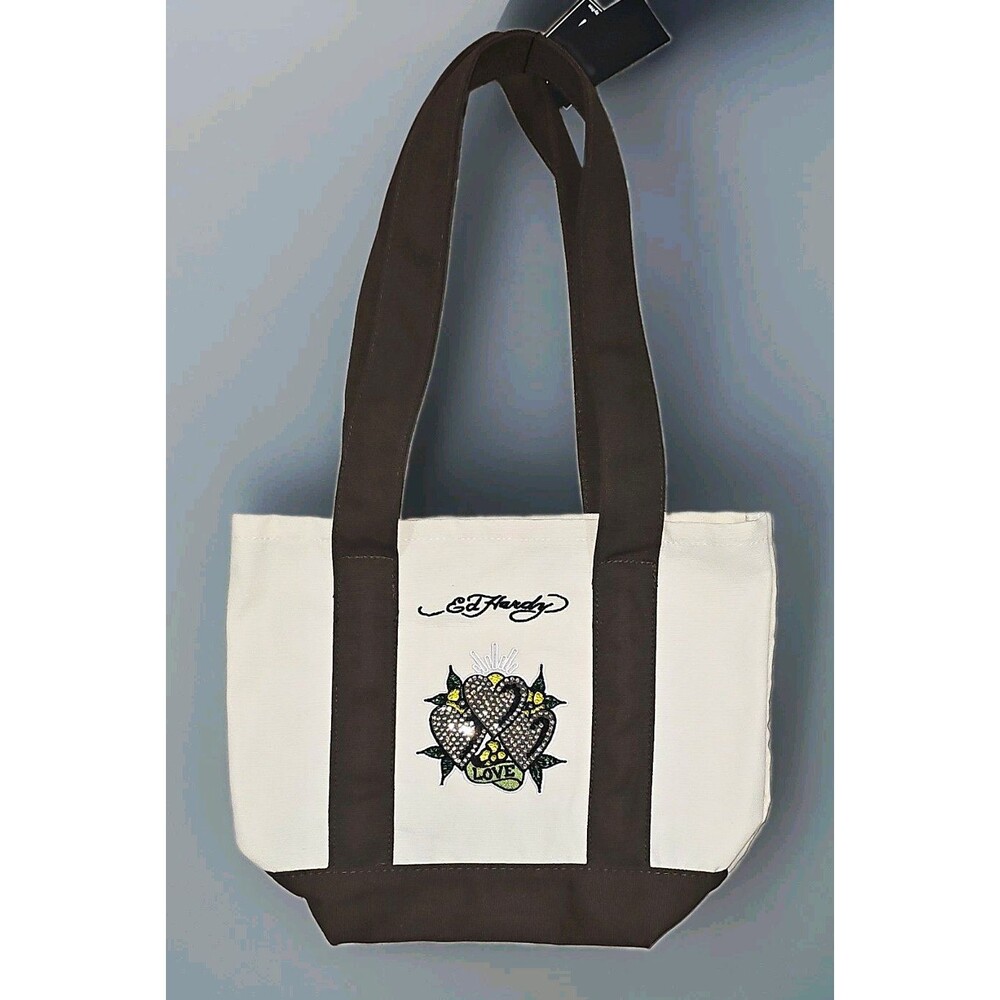 Y2K STYLE Ed Hardy Med. Tote Bag Tan/Brown Heart Love Logo Rhinestone Zip Lined